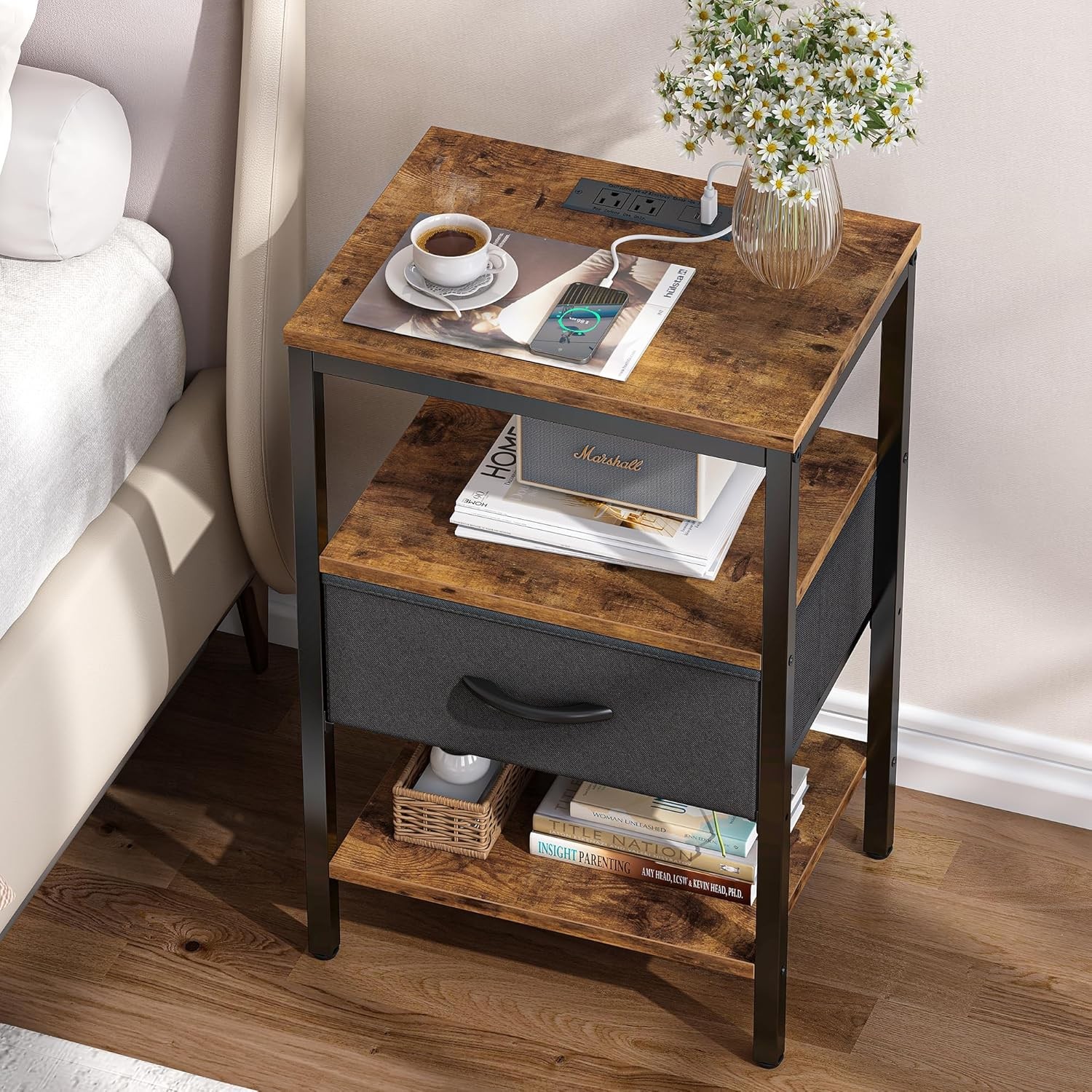 Nightstand with Charging Station, Bed Side Table with Adjustable Fabric Drawer,