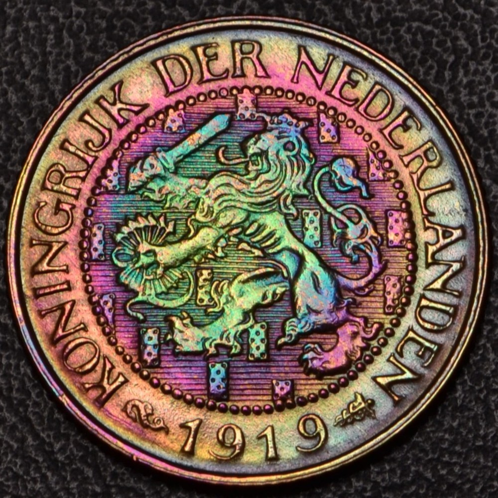 1919 Netherlands 1 Cent rainbow toning **SHARP DETAILS** (60-75)