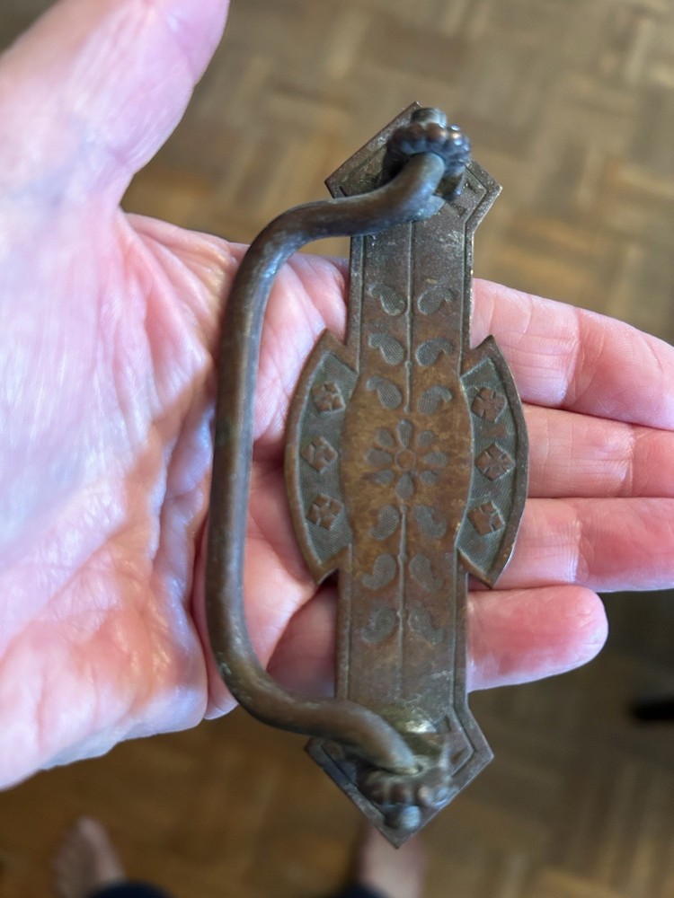 4 Antique Brass Embossed Drawer Pull Handles 3 1/8” Screw Width 4.25” Wide