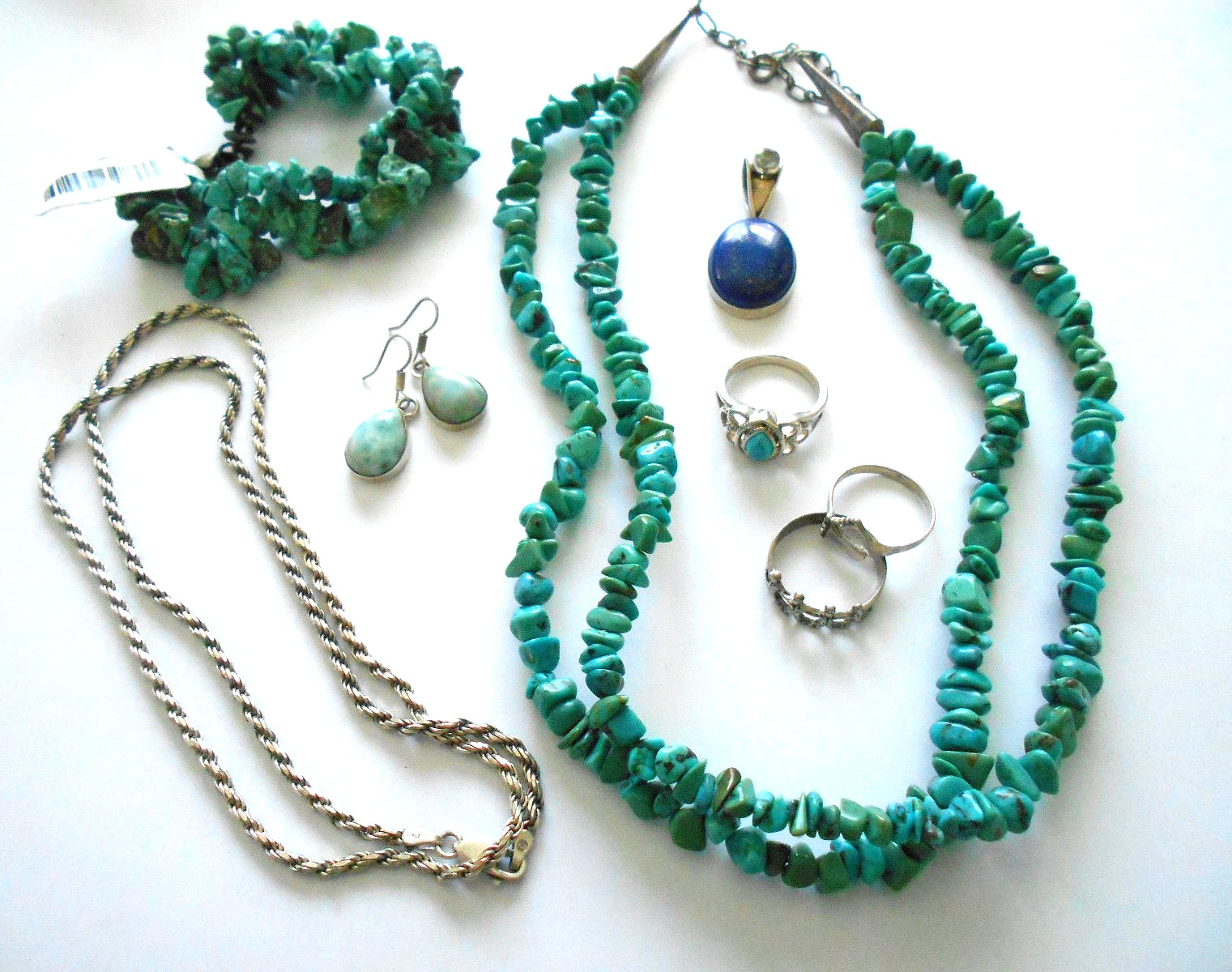 Lot of 8 Pieces Sterling Turquoise, Lapis, Larimar Jewelry  Lot #5  130 Grams