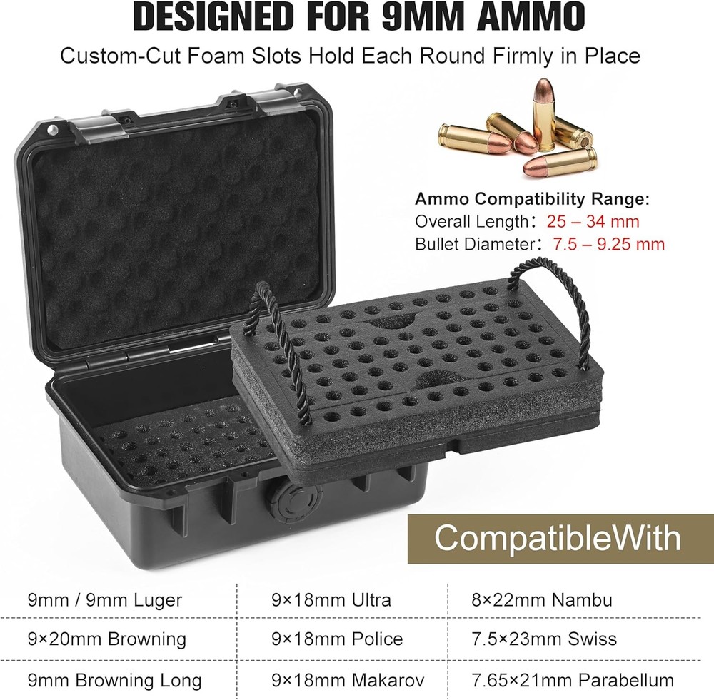 Compact 9mm Lockable Ammo Box - Waterproof Magazine Storage Case