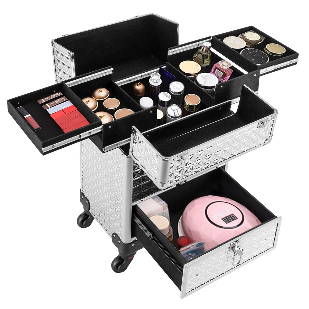 Rolling Nail Case Wheeled Manicure Makeup Train Box Storage Case Organizer