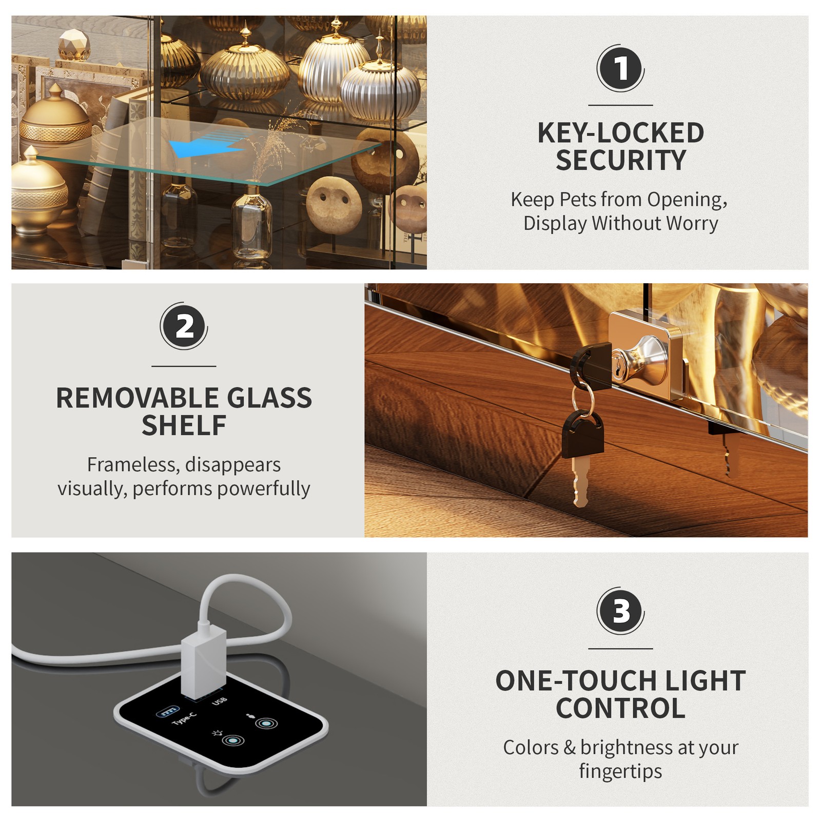 Gurexl Glass Display Cases with Human Sensor and 3 Color Lights for Collectibles