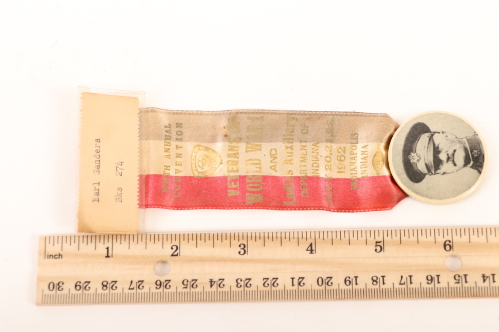 Y228 / 1960's WWI Veterans Reunion Ribbon with Pershing Pin From Indiana