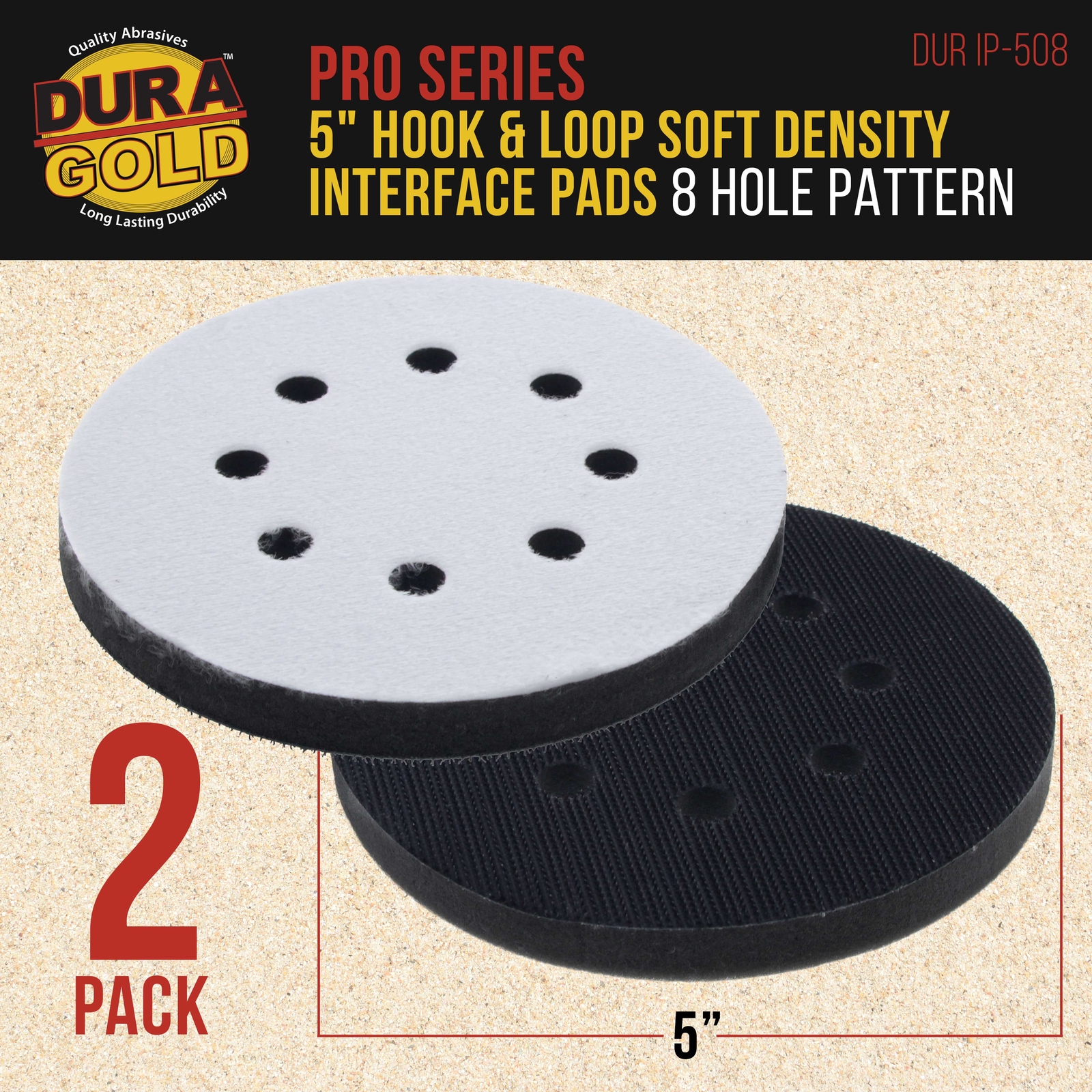 2 Dura-Gold 5" x 10mm Soft Density Interface Pads, Hook & Loop, 8 Hole Pattern