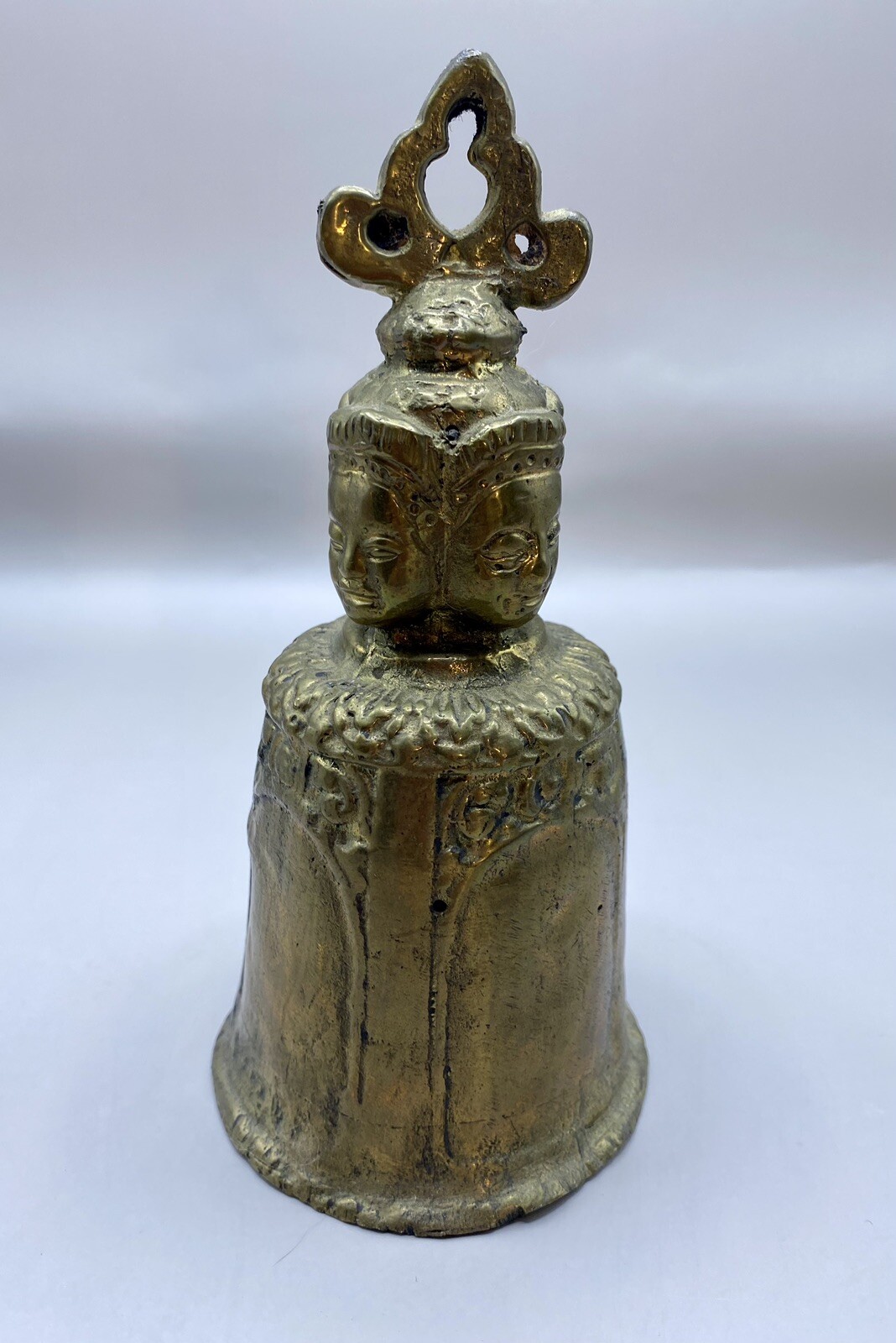 Antique Brass/Iron Tibetan Temple BELL Buddhist Ritual Bell W/ 4 Faces Handle 7”