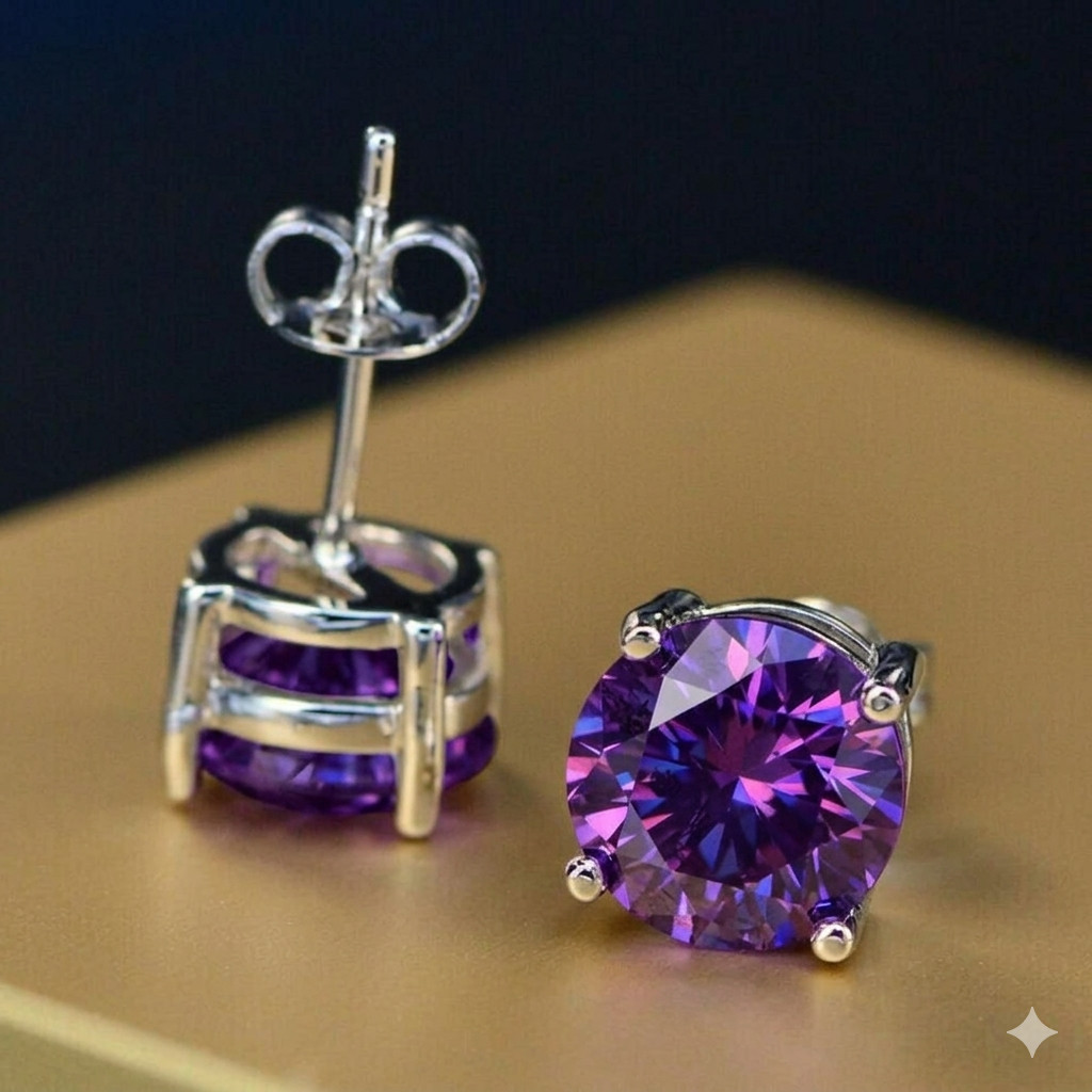 6 Ct Purple Diamond Solitaire Studs, Great Sparkle - 925 Silver-Tariffs FREE