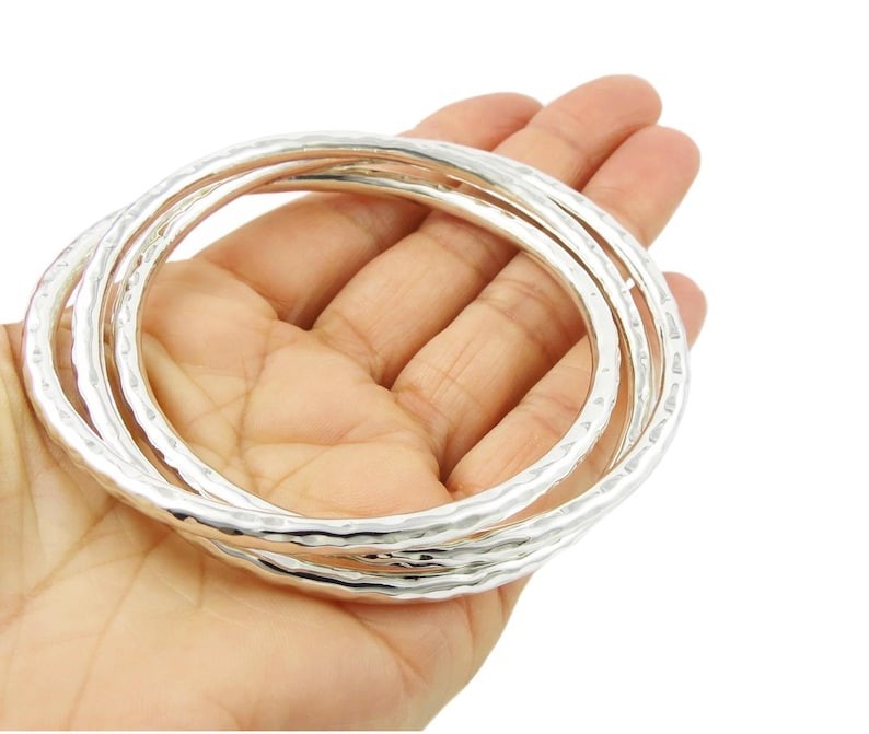 Set Of 3 Bangle Solid 925 Sterling Silver Hammered Round Popular Bangle,  M1618