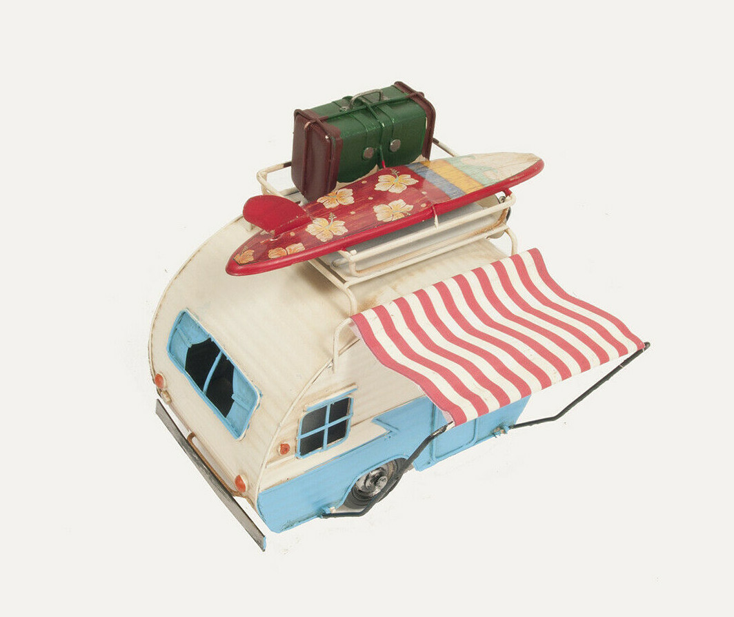 1960s Travel Camping Trailer Metal Model 9" Camper w/ Piggy Bank & Photo Frame