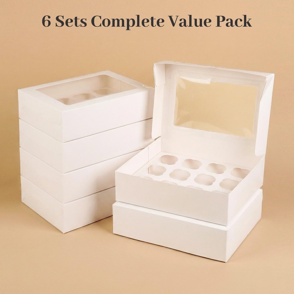 VGOODALL 12 Count Cupcake Boxes, 6PCS Container with Window White-1