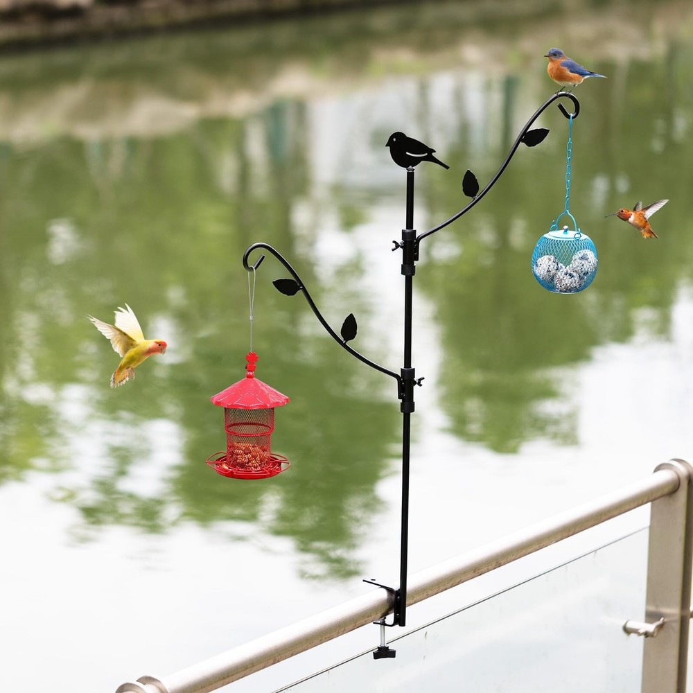 Adjustable Deck Bird Feeder Pole with Multi-Hooks - Black