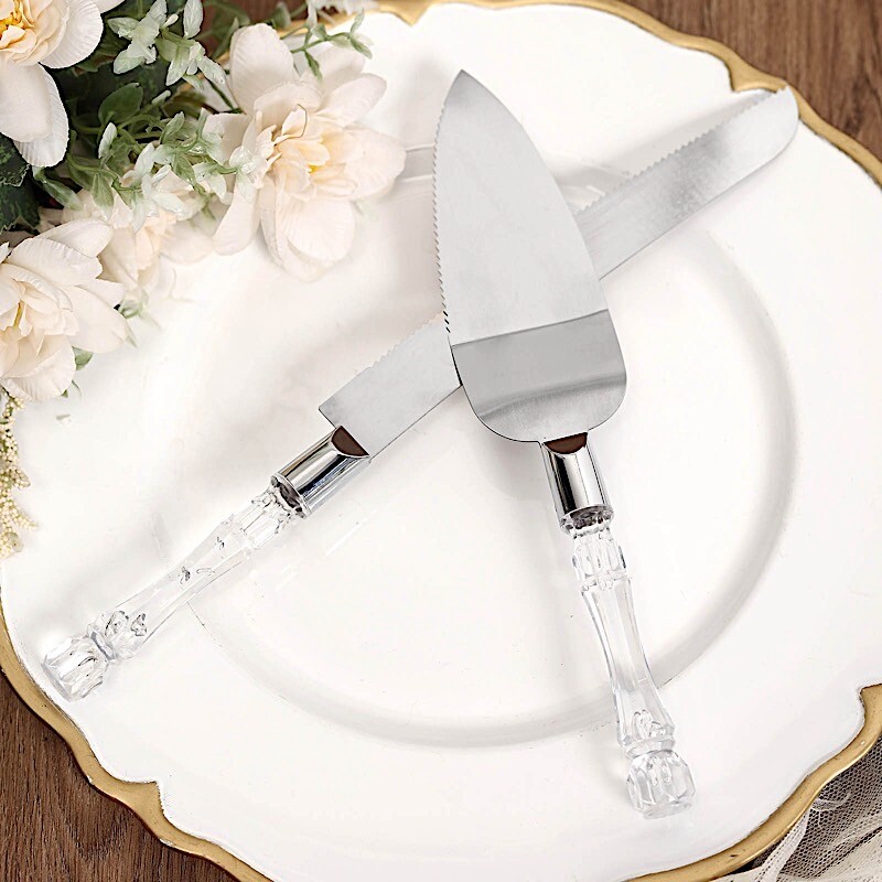 Silver Clear Knife and Server Crystal Handles Cake Serving Set Wedding Tableware