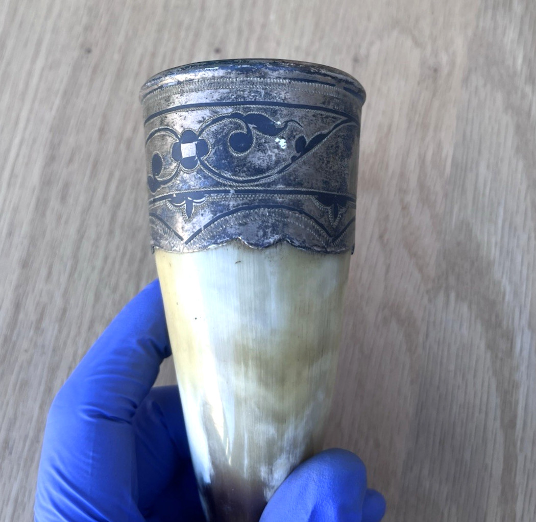 Vintage Russian Viking Caucasian Drinking Horn Sterling Silver Bird Head Chain