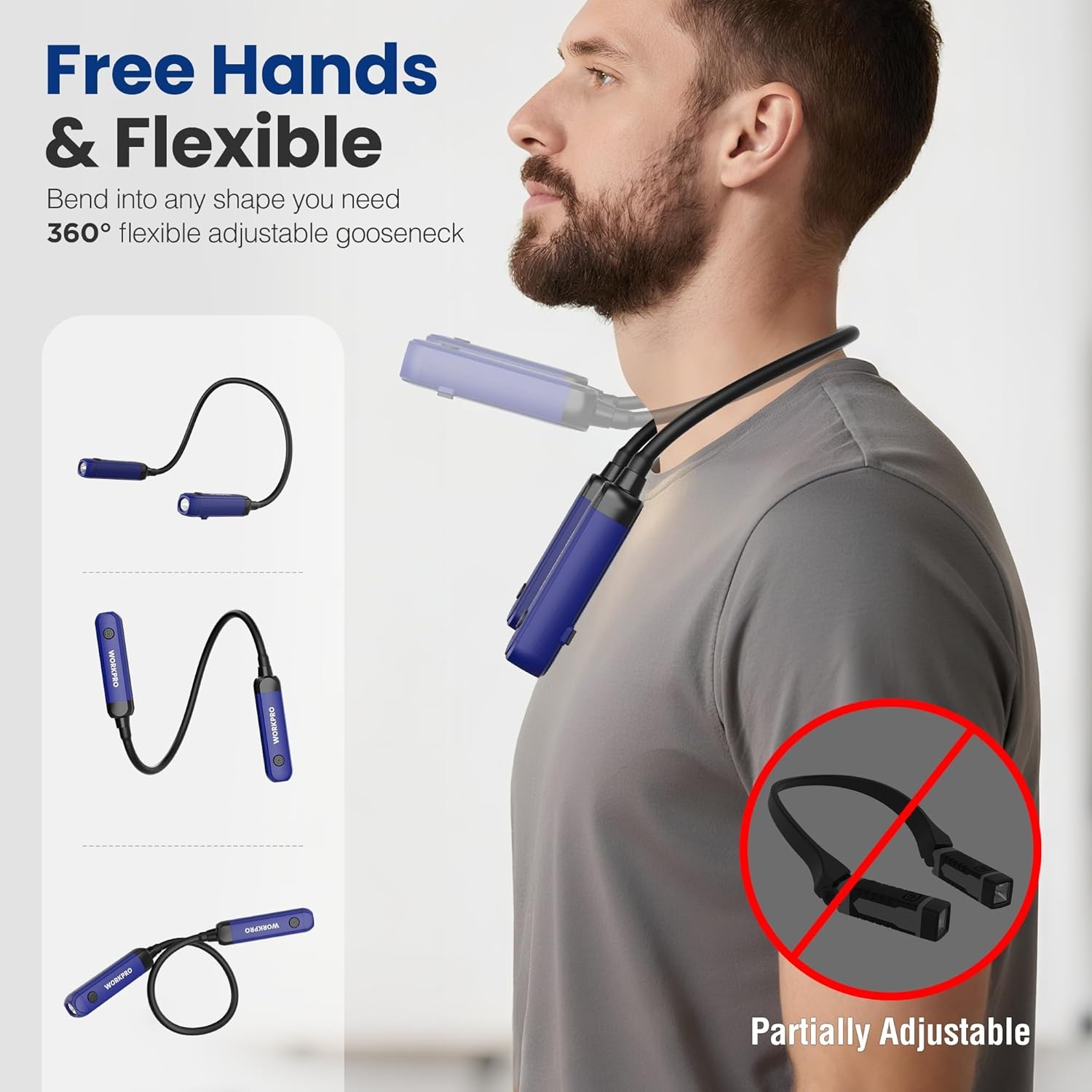 WORKPRO 300LM Rechargeable Neck Light Hands-Free 3 Brightness Level Bendable Arm