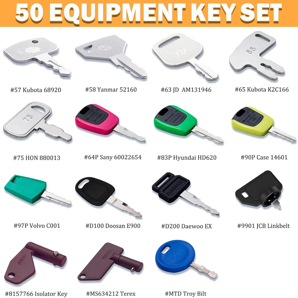 50 Heavy Equipment Ignition Keys Set Construction Machine Replacement Master Kit