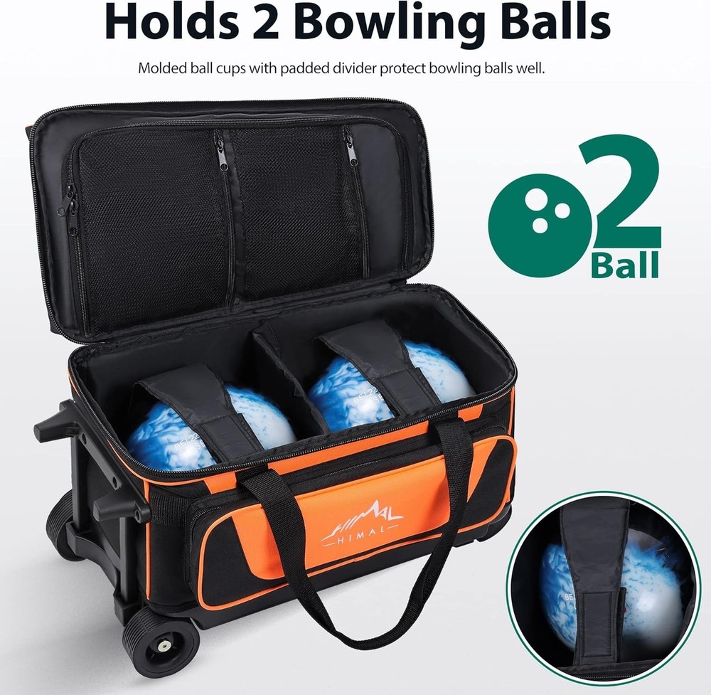 Durable 2 Ball Rolling Bowling Bag with Shoe Storage & Extendable Handle