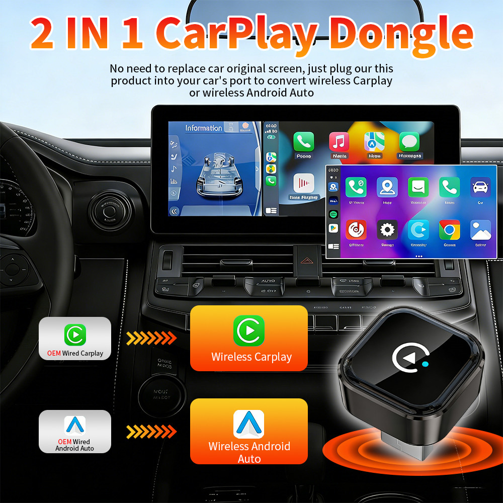Wireless CarPlay Adapter for iPhone Apple & Android Auto USB Adapter Plug & Play