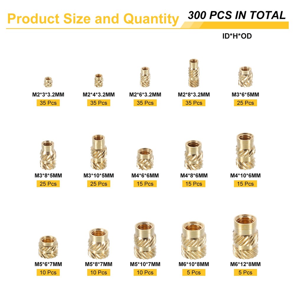 300pcs M2 M3 M4 M5 M6 Metric Threaded Inserts with Heat Set Insert Tips
