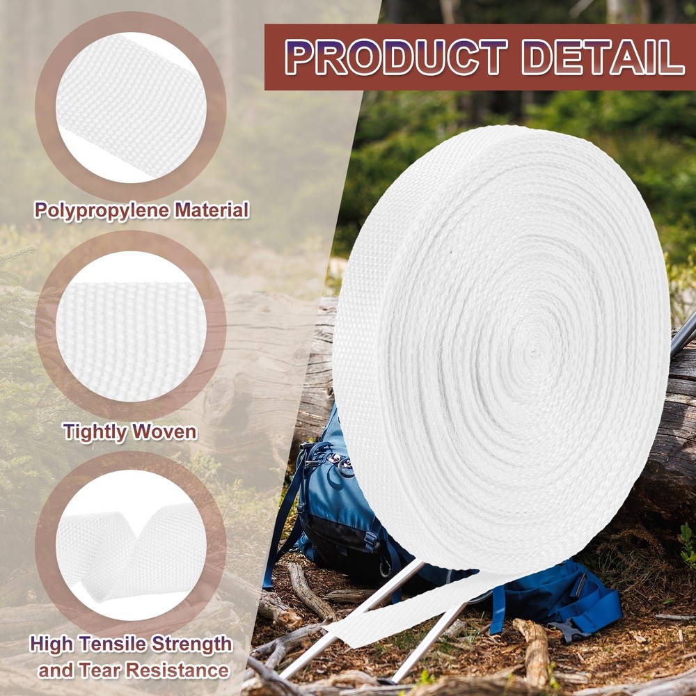 Nylon Webbing Strap, 22 Yards x 3/4" Polypropylene Flat Webbing Strap (White)