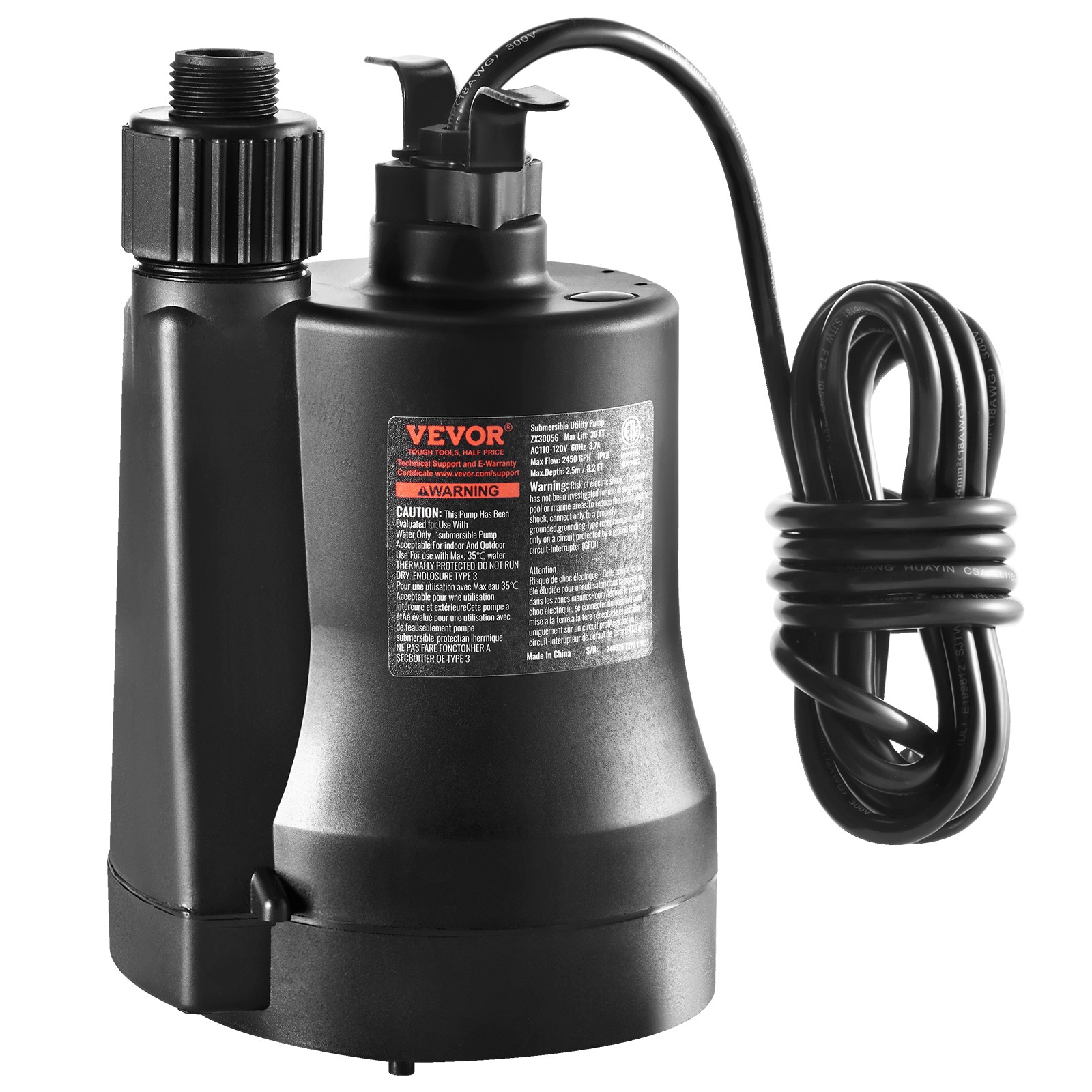 Submersible Utility Pump Sump Pump 1/3 HP 2450 GPH 30 ft Head Water Pump