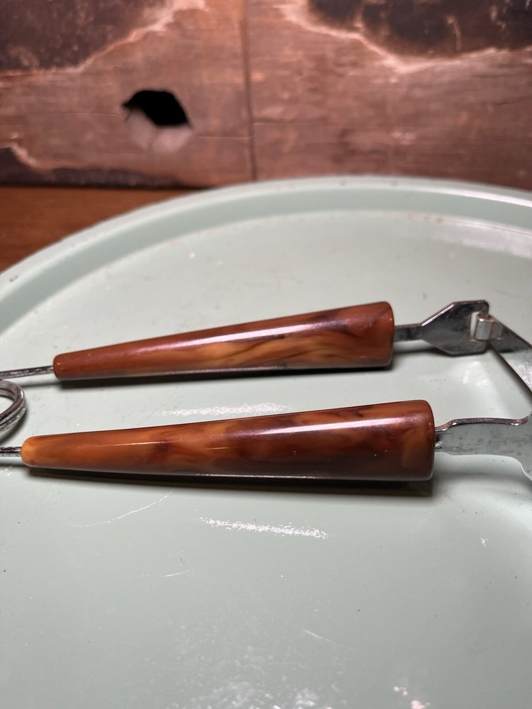 Vintage 50's Marbled Bakelite Handles Meat Serving Fork Pusher Spring Action