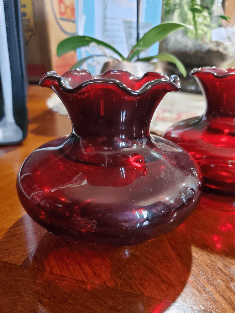 Two anchor Hocking Ruby Red bud vases