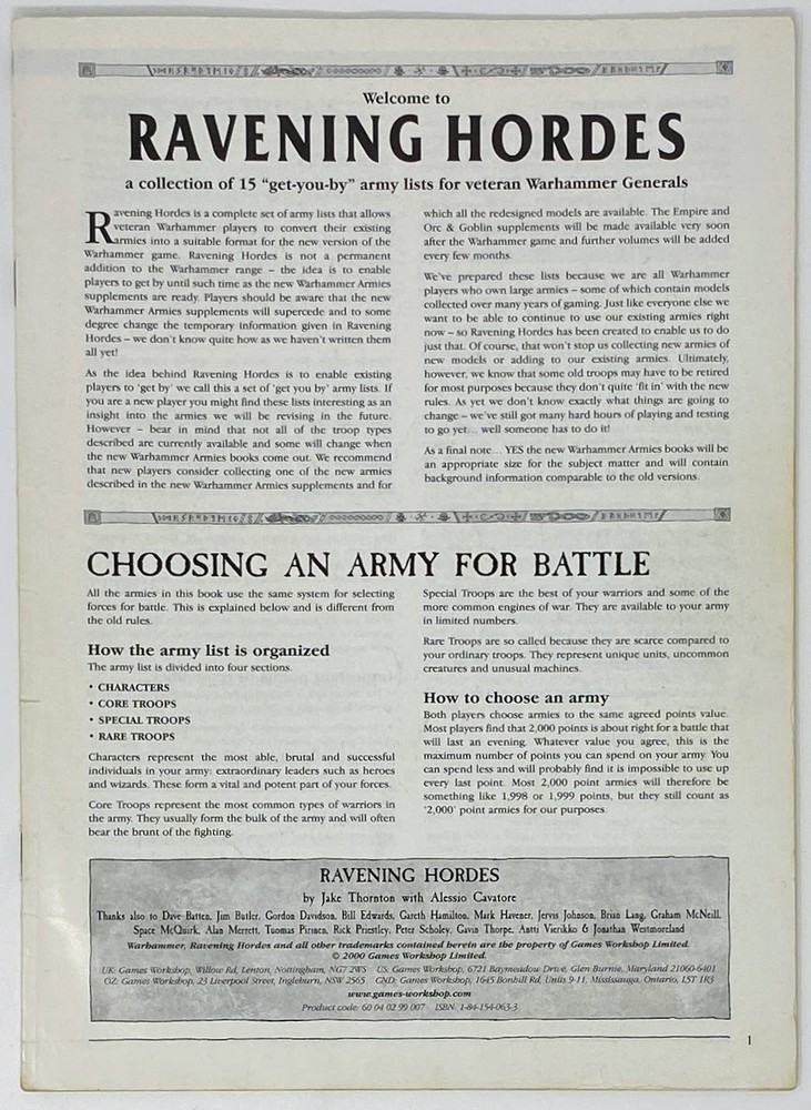 Games Workshop Warhammer: Ravening Hordes (2000) with Playsheet Insert - Damaged