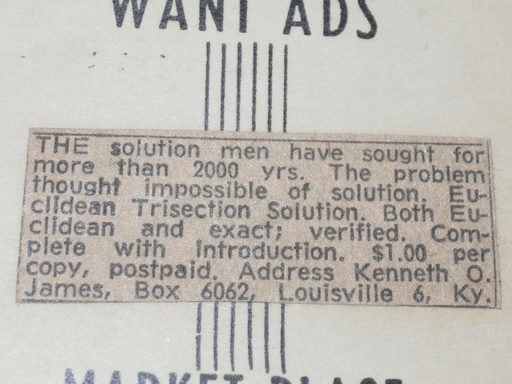 VTG 1962 CLASSIFIED ADVERTISEMENT! 'EUCLIDEAN TRISECTION SOLUTION'! IMPOSSIBLE??