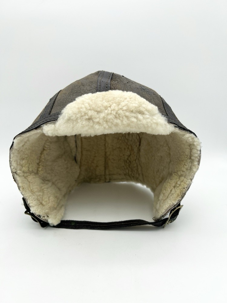 Vintage Shearling Leather Aviator Hat Flight Cap Brown Large Bomber