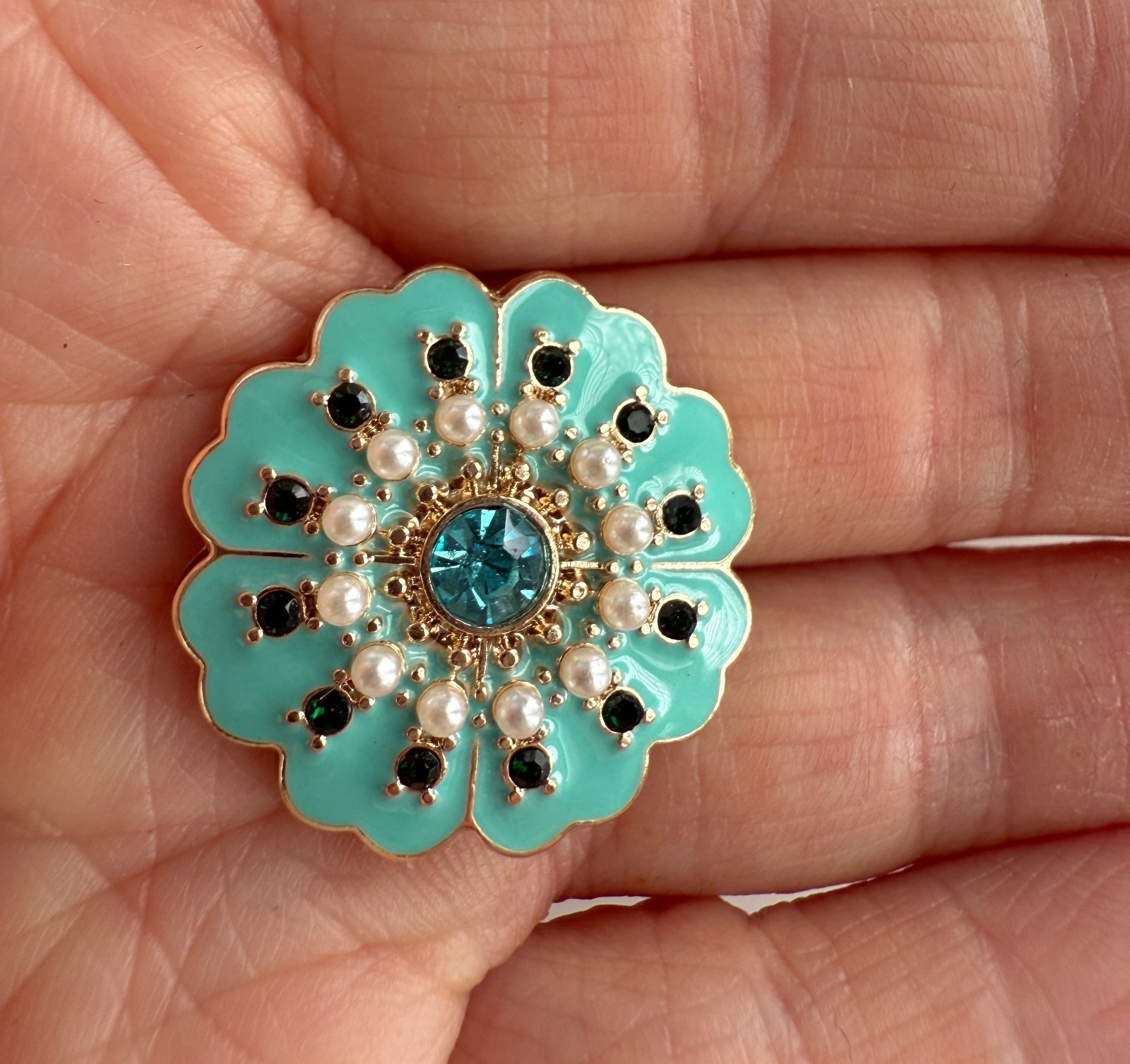 5PC Enamel Teal Green Flower Luxury Gold Metal Shank Buttons 25mm 1 Inch