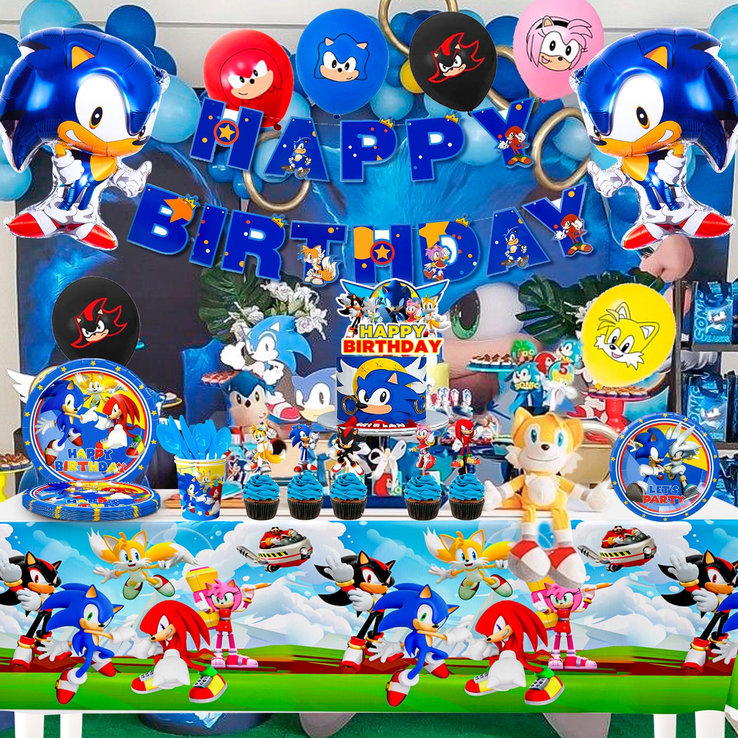 118 Pcs Sonic Birthday Party Decorations Sonic Party Tableware Plates Balloons