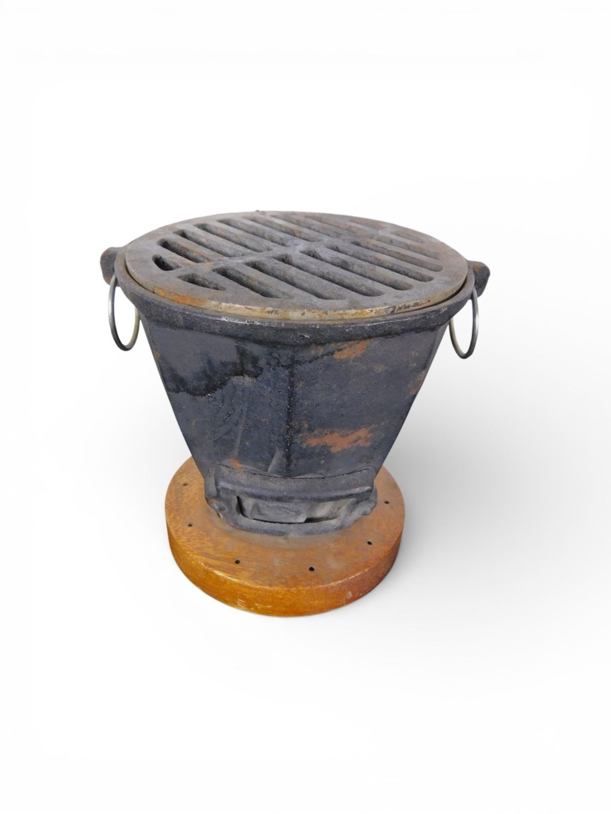 Antique Cast Iron Charcoal Brazier Incense Burner Wood Base