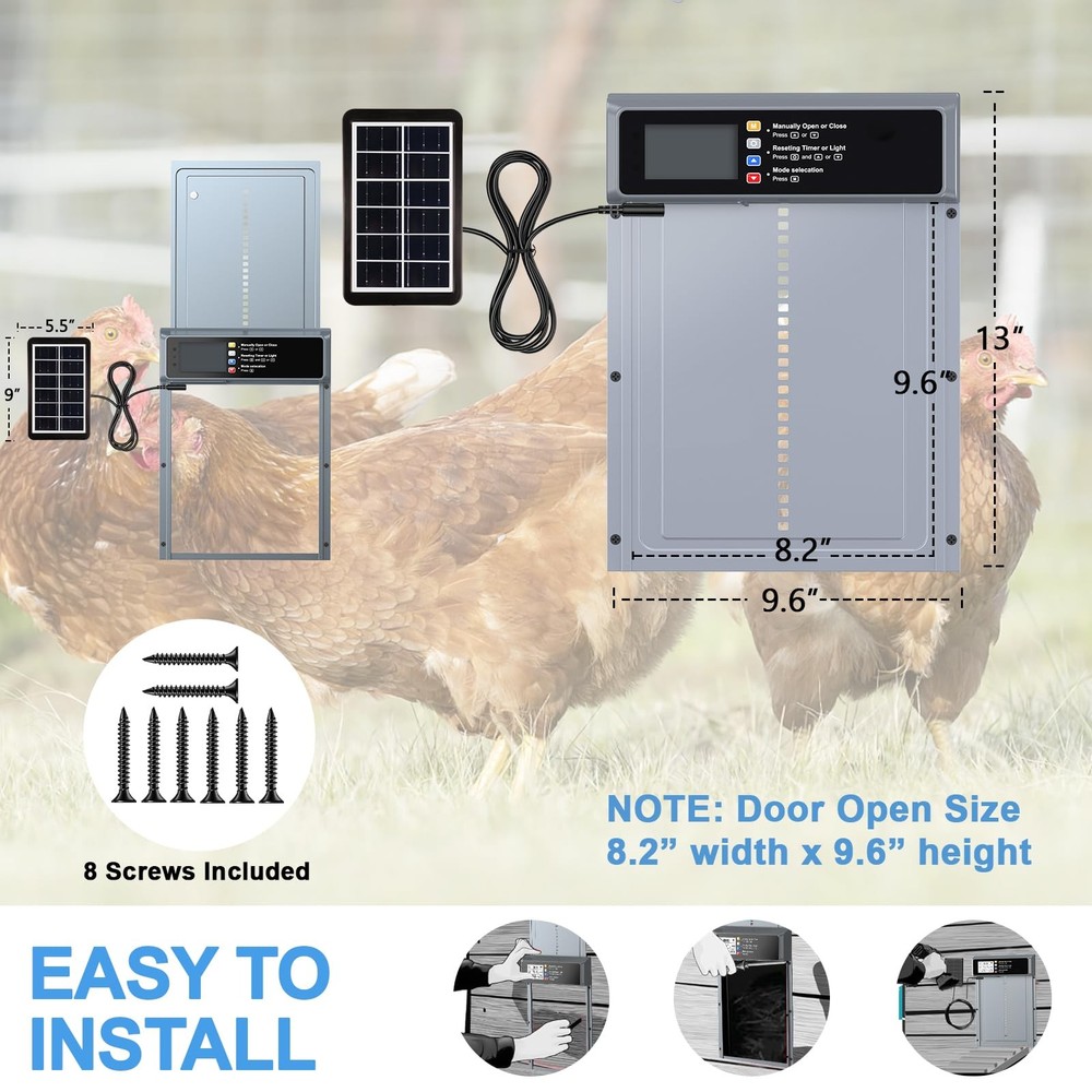 Automatic Chicken Coop Door Solar LCD Timer Sensor Aluminum 20M Remote Control