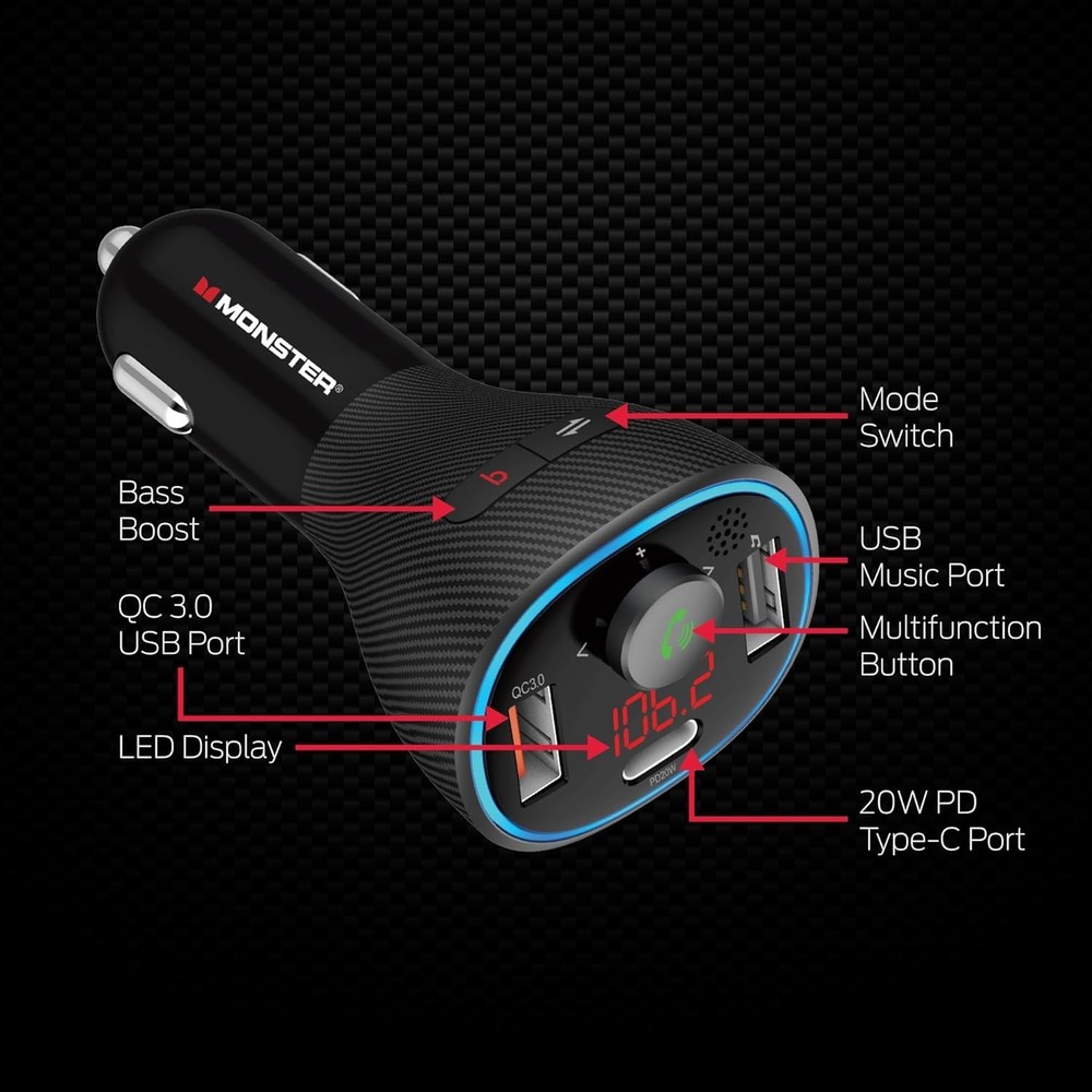 Monster Bluetooth FM Transmitter for Car Cigarette Lighter with 20W QC3.0 USB...
