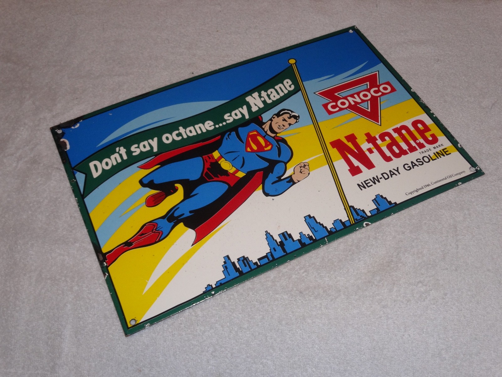 VINTAGE 1946 CONOCO N-TANE SUPERMAN GASOLINE 16" PORCELAIN METAL COMIC BOOK SIGN