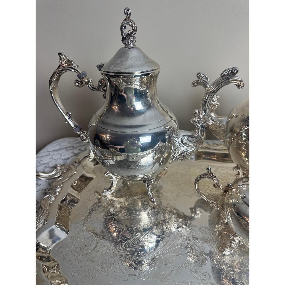 Vintage FB Rogers Silverplate Tea Coffee Set Hibiscus Pattern 6pc Tray