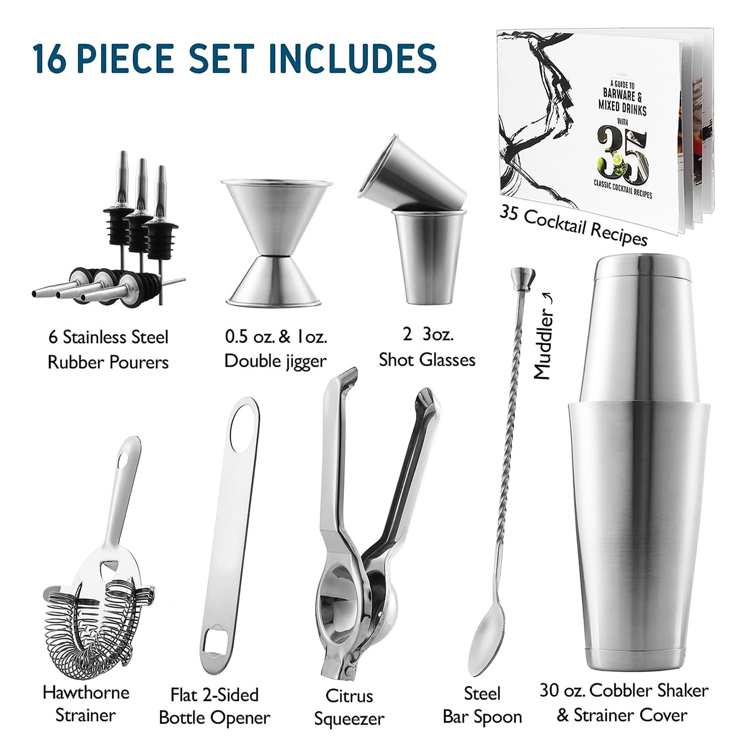 Bar Set Cocktail Shaker Set, Stainless Steel Mixology 16 Piece, Silver
