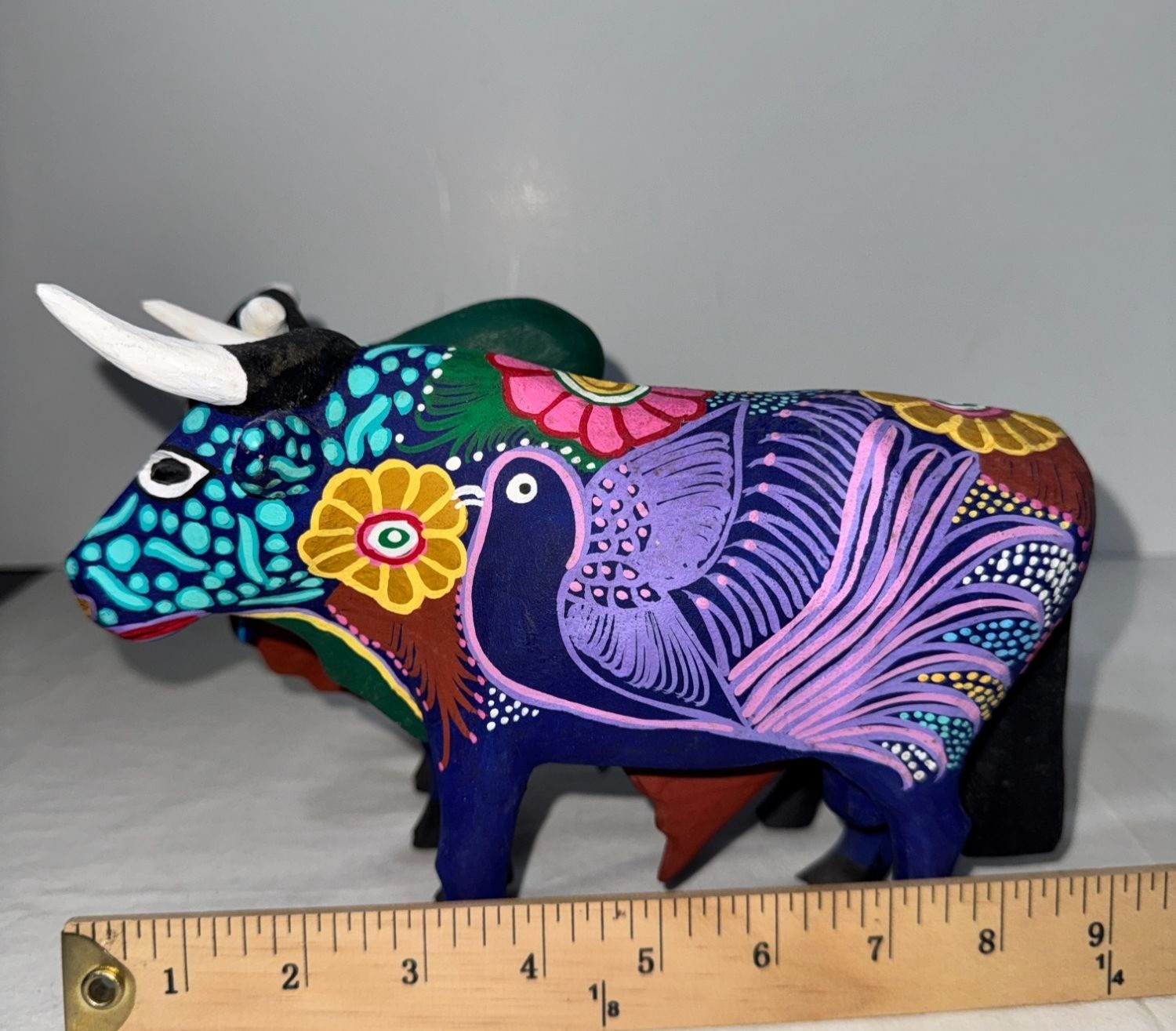 Hand Carved Alebrije Wooden Ox Folk Art Figurines Multicolor 2 Pieces