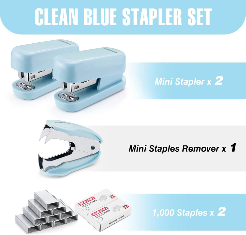 Mini Stapler with Staples, Blue Stapler Set Includes Two Small Staplers, One Sta