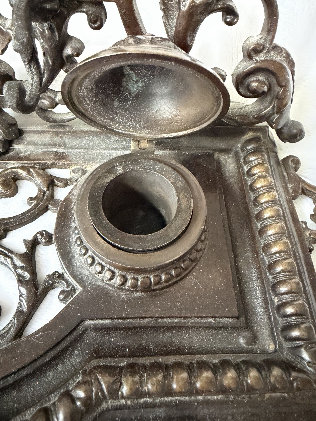 Large Ornate Antique Bronze / Brass Double Inkwell Victorian style