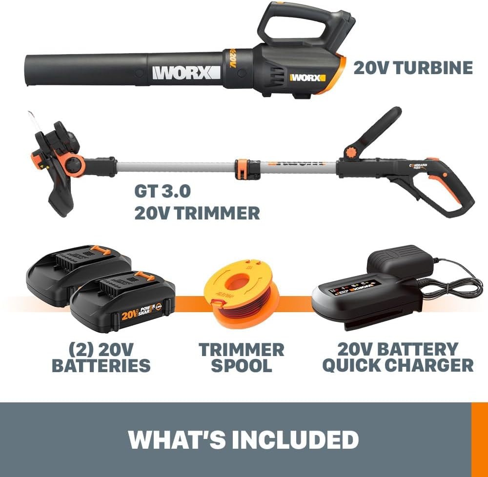 WORX WG928 20V Cordless String Trimmer & Leaf Blower Combo – 2 Batts