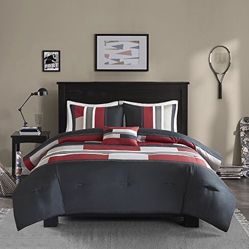 Casual Comforter Set Sporty Design, Vibrant Color, Full/Queen Stripe Black/Red