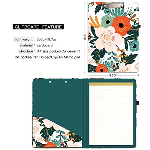 Clipboard Folio with Refillable Lined Notepad and Interior Classic Flower