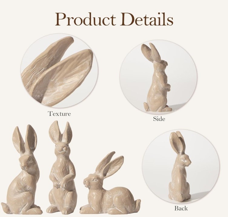 Easter Decorations Bunny Figurines Set of 3 - Rabbit Statues Farmhouse Spring Ho