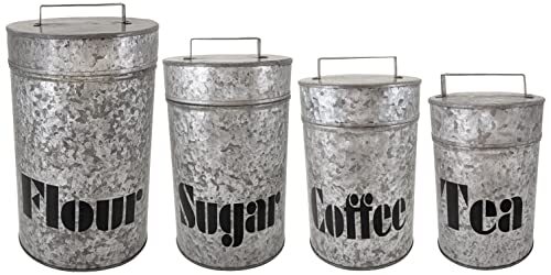 4 Set Galvanized Metal Kitchen Storage Canisters w Lids-Labeled w diff labels