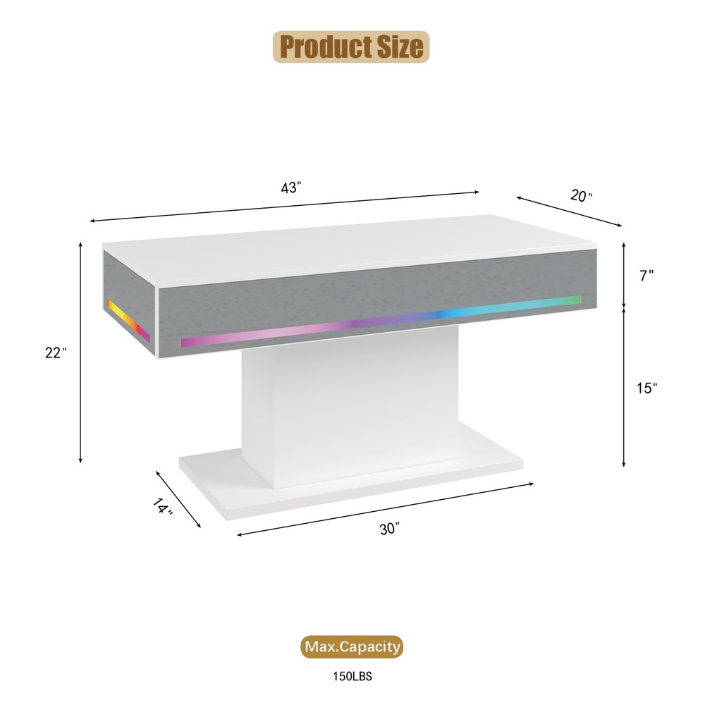 Led Coffee Table with 16 Colors LED Lights Living Room Rectangular Center Table