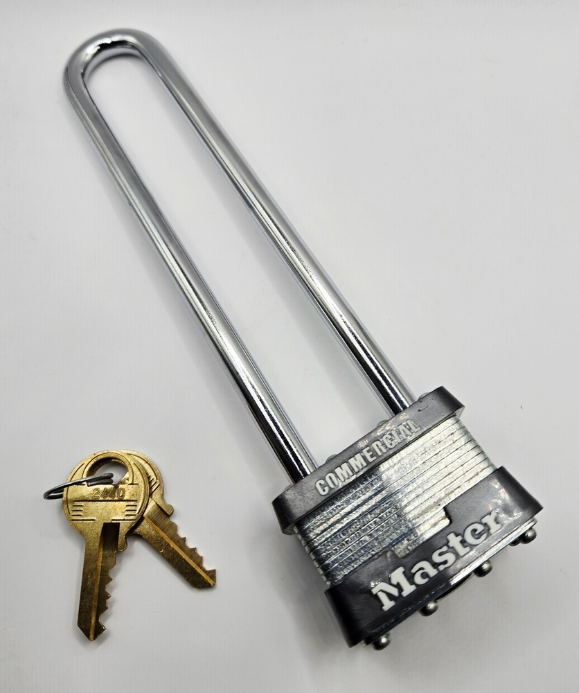 Master Lock 1Ln Padlock, Keyed Different, Long Shackle, Rectangular Steel Body,