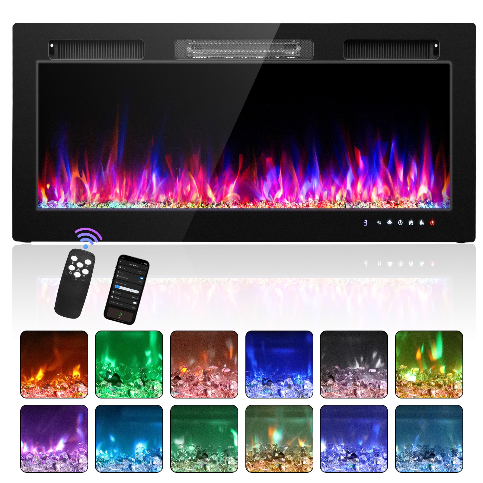 42'' WIFI Electric Fireplace 1500W Wall Mounted & Recessed Fireplace Heater