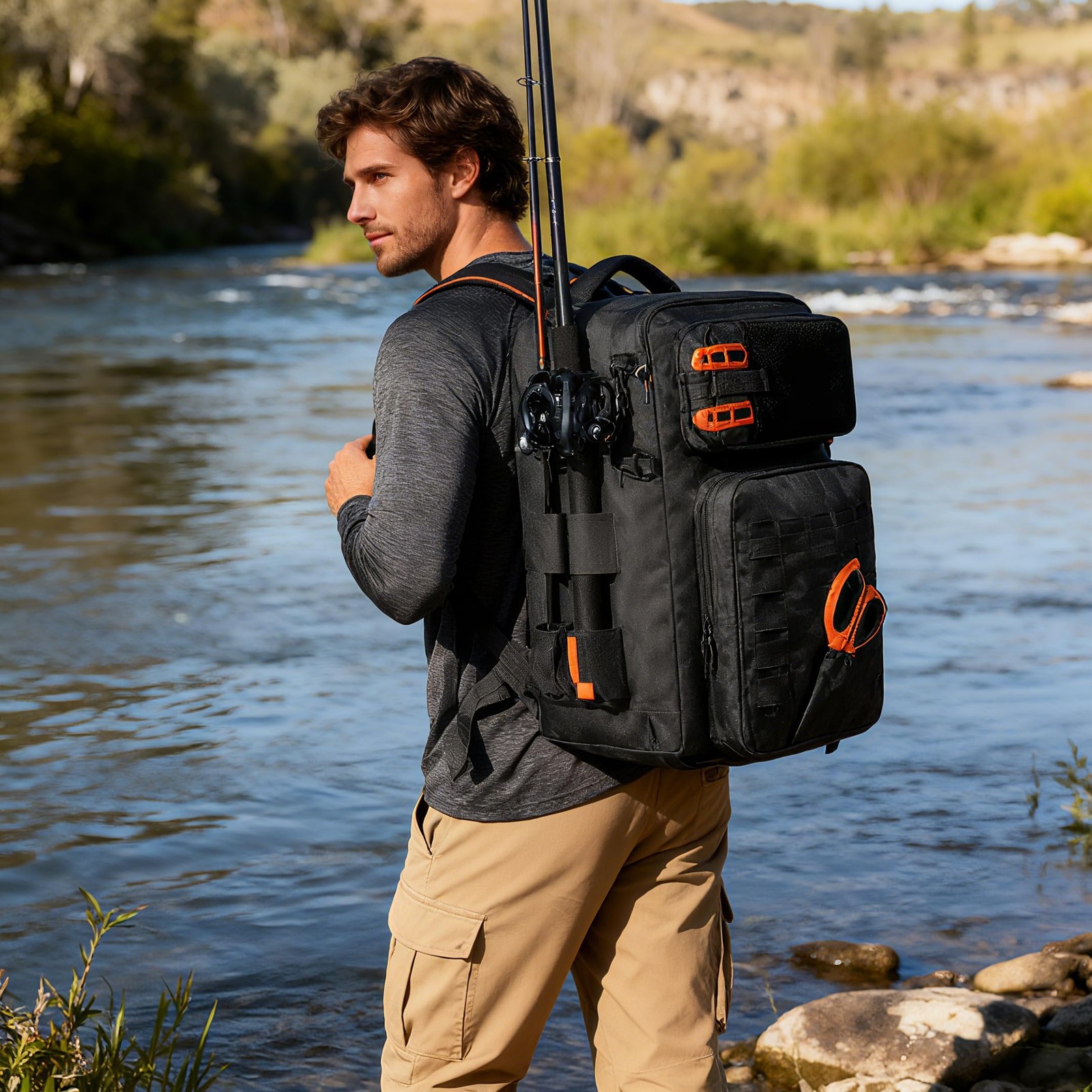 Fishing Tackle Backpack With Rod Holder, 50L Large Water-resistant Tackle Bag...