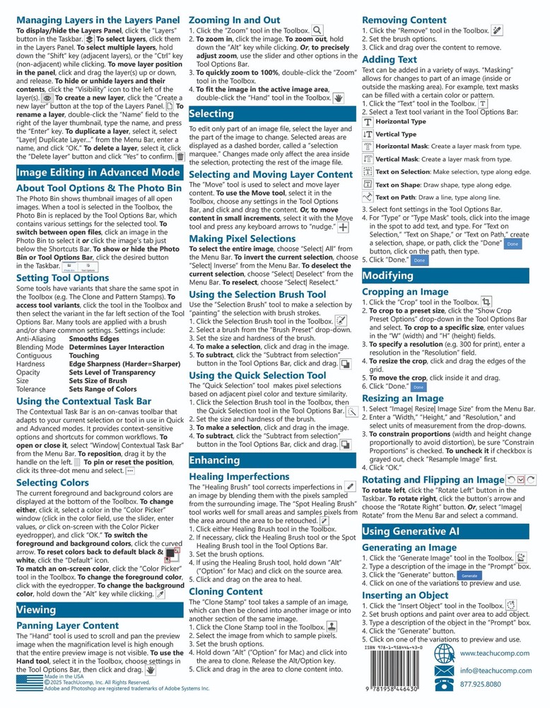 Photoshop Elements 2026 Training Guide Quick Reference Card 2 Page Cheat Sheet